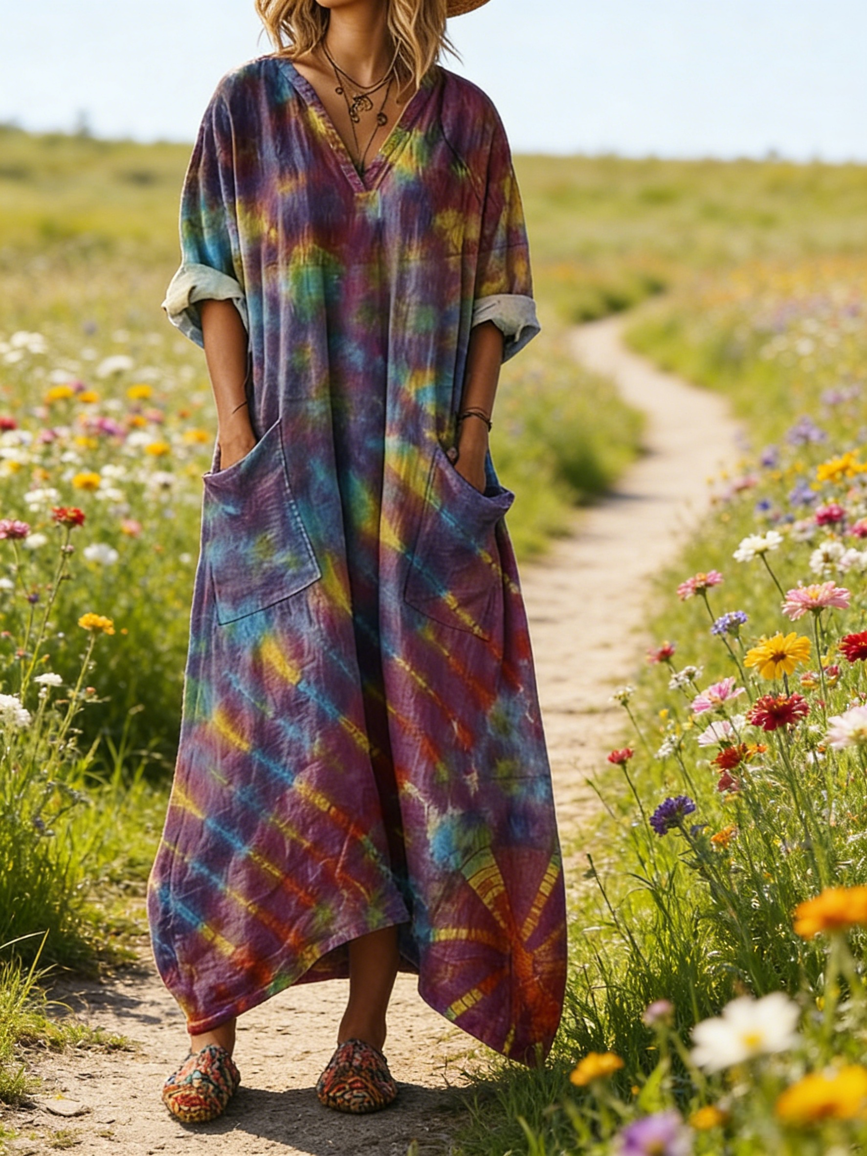 Damen Boho-Maxikleid im Vintage-Stil Bunt: Retro-Blumenprint & Grafik-Art, V-Ausschnitt & Praktische Taschen, Bequeme Passform, Ganzjährig S-5XL