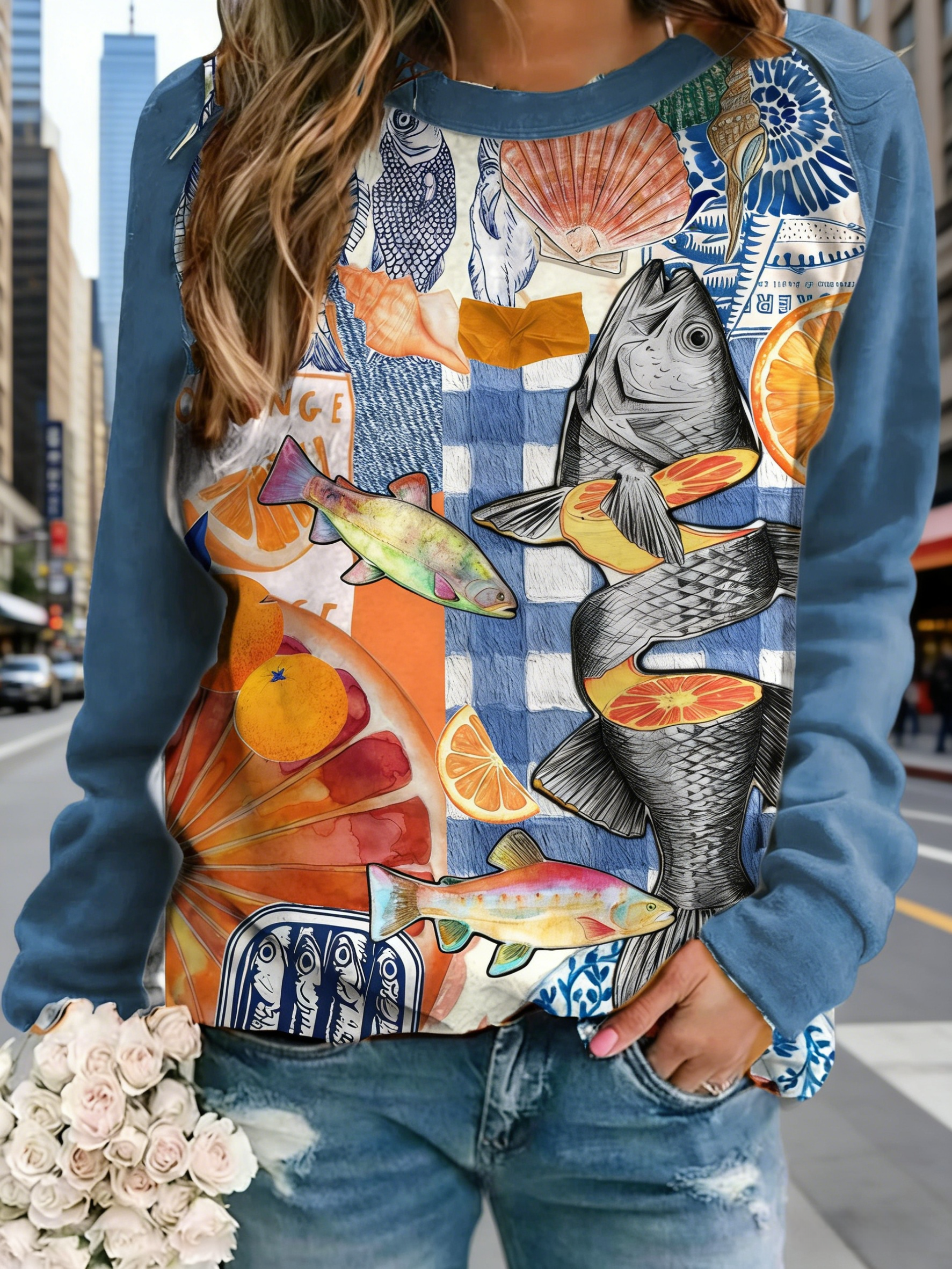 Damen Oversize Sweatshirt Blau: Künstlerischer Fisch- & Zitrus-Print, Rundhals-Ausschnitt, Reine Baumwolle, Ideal für Ganzjährig S-5XL