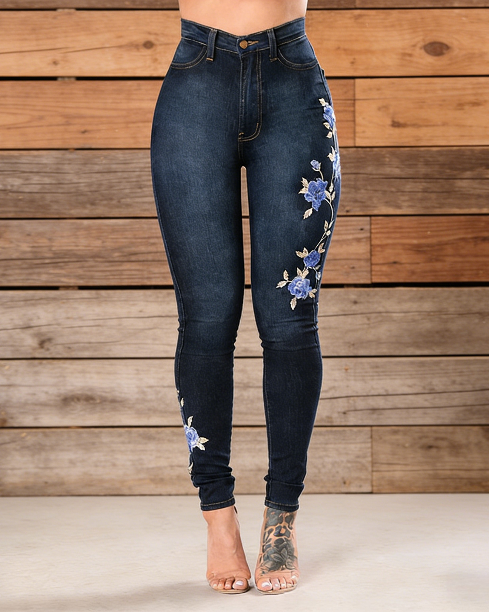 Damen Skinny Jeans Dunkelblau: Elegante High Waist Jeans mit blauer Rosen-Stickerei, Schmal geschnittene Bleistifthose, Stretch Denim, Ganzjährig S-3XL