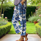 Boho Damen Weite Hose Weiß-Blau: Luftige Culotte mit Vintage Blumen-Print, Bequeme Baumwoll-Mix Freizeithose für Urlaub & Alltag S-3XL