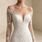 Elegantes Meerjungfrau Abendkleid Weiß mit Schleppe | Figurbetontes Spitzenkleid mit Langen Ärmeln und Illusion-V-Ausschnitt