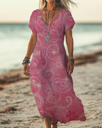 Boho Maxikleid Damen Rosa: Glitzer Sternen Print, V-Ausschnitt, S-5XL, Ganzjährig