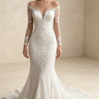 Elegantes Meerjungfrau Abendkleid Weiß mit Schleppe | Figurbetontes Spitzenkleid mit Langen Ärmeln und Illusion-V-Ausschnitt