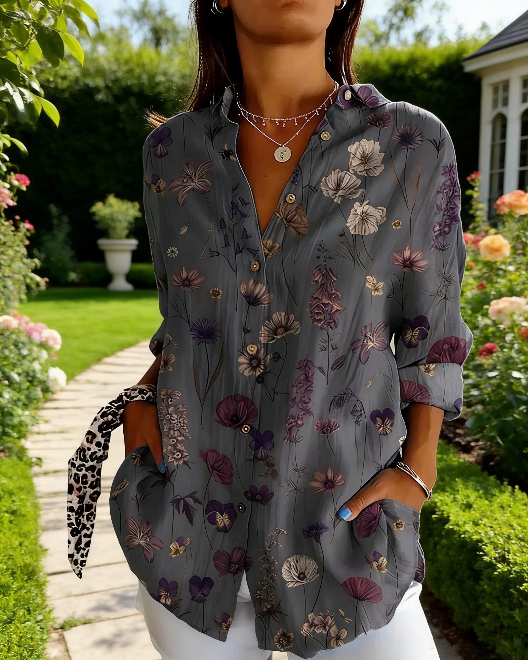Boho Bluse Damen Dunkelgrau: Vintage Floral-Print in Lila, Reverskragen, Loose Fit,S-5XL, Ganzjährig