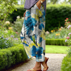 Boho Damen Weite Hose Hellgrau-Blau: Luftige Culotte mit großem Blumen-Print, Bequeme Freizeithose mit Taschen für Urlaub & Alltag S-3XL
