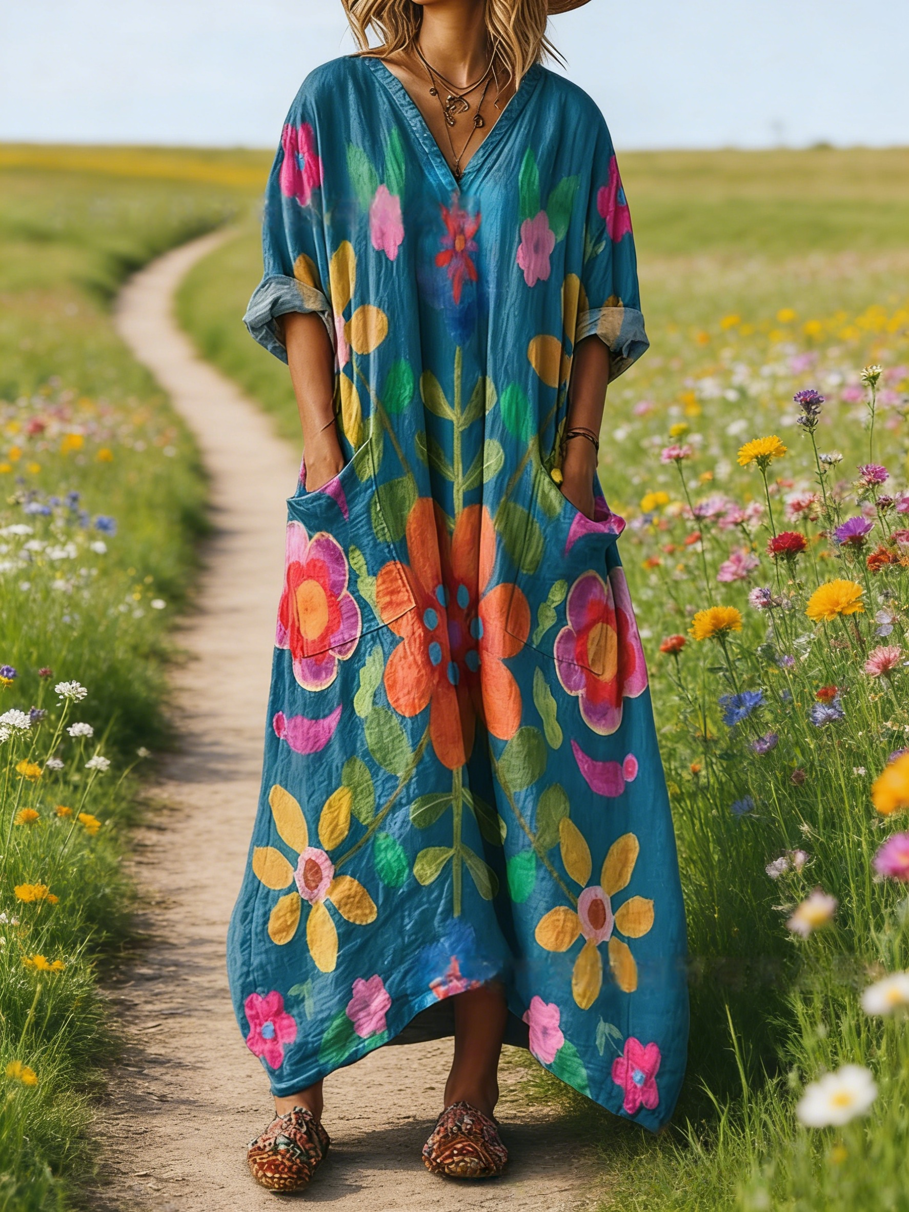 Damen Boho-Maxikleid im Vintage-Stil Petrolblau: Kunstvoller Blumen-Print, V-Ausschnitt & Praktische Taschen, Bequeme Passform, Ganzjährig S-5XL