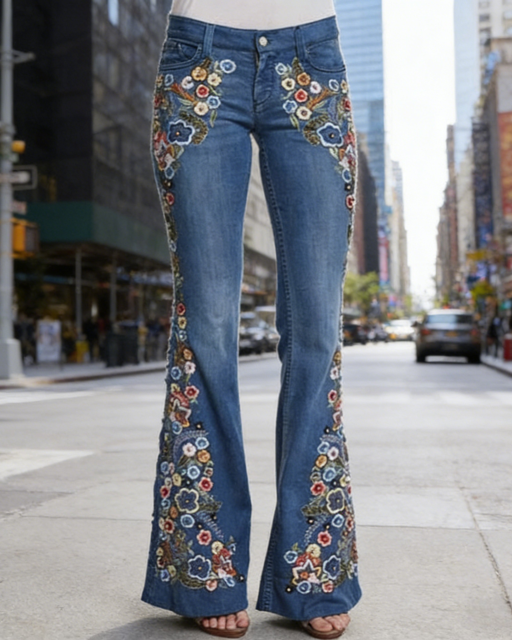 Damen Schlaghose Mittelblau: Elegante Jeans mit bunter Blumen-Stickerei, High Waist Flare Jeans, Figurbetonte Retro-Hose, Ganzjährig S-4XL