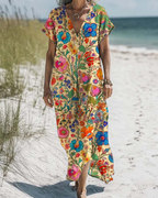 Boho Maxikleid Damen Gelb: Buntes Blumenmuster, V-Ausschnitt, S-3XL, Ganzjährig