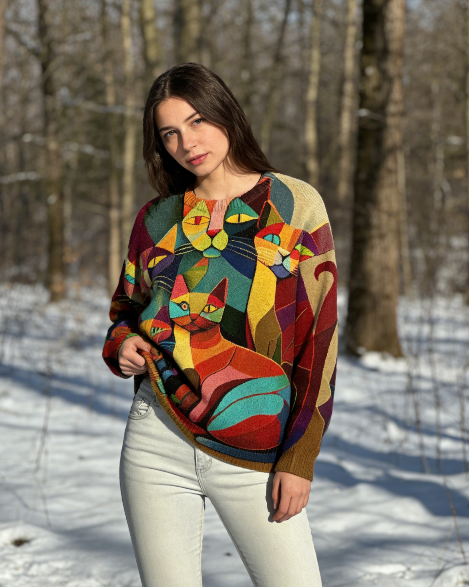 Abstrakter Damen Sweatshirts: Buntes Katzen-Motiv, 3D-Print & Moderne Kunst-Optik Größe S-5XL