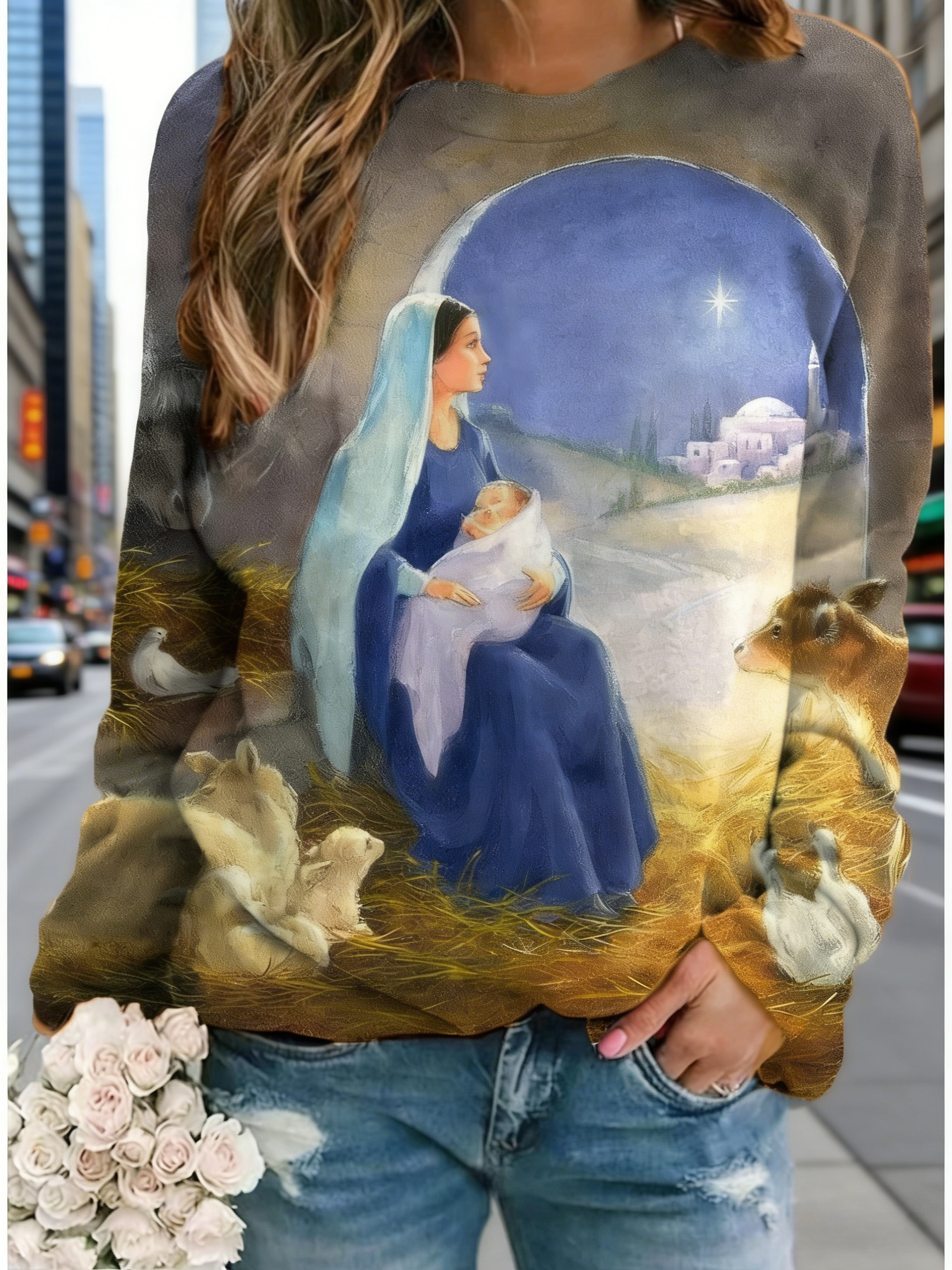 Damen Oversize Sweatshirt Mehrfarbig: Künstlerischer Ölmalerei-Print (Madonna & Kind), Rundhals-Ausschnitt, Reine Baumwolle, Ganzjährig S-5XL