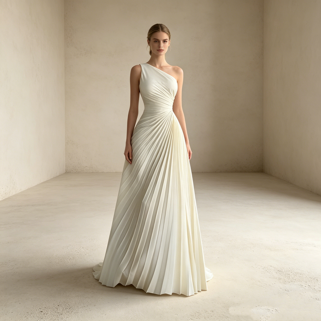 Elegantes One-Shoulder Abendkleid in Weiß | Asymmetrisches Maxikleid mit Raffinesse Plissee-Drapierung und Fließendem Faltenrock