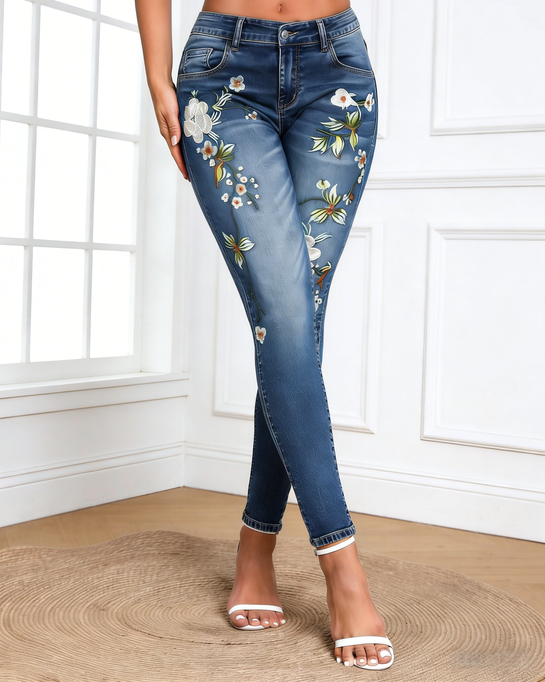 Damen Skinny Jeans Mittelblau: Elegante Denim-Hose mit bunter Blumen-Stickerei, High Waist Slim Fit Jeans, Figurbetonte Stretch-Hose, Ganzjährig XS-2XL