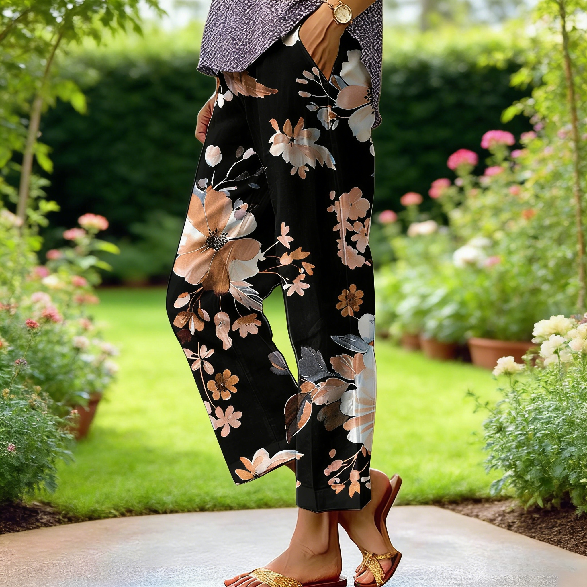 Boho Damen Weite Hose Schwarz: Luftige Culotte mit Floral-Print, Bequeme Freizeithose mit Taschen für Urlaub & Alltag S-3XL