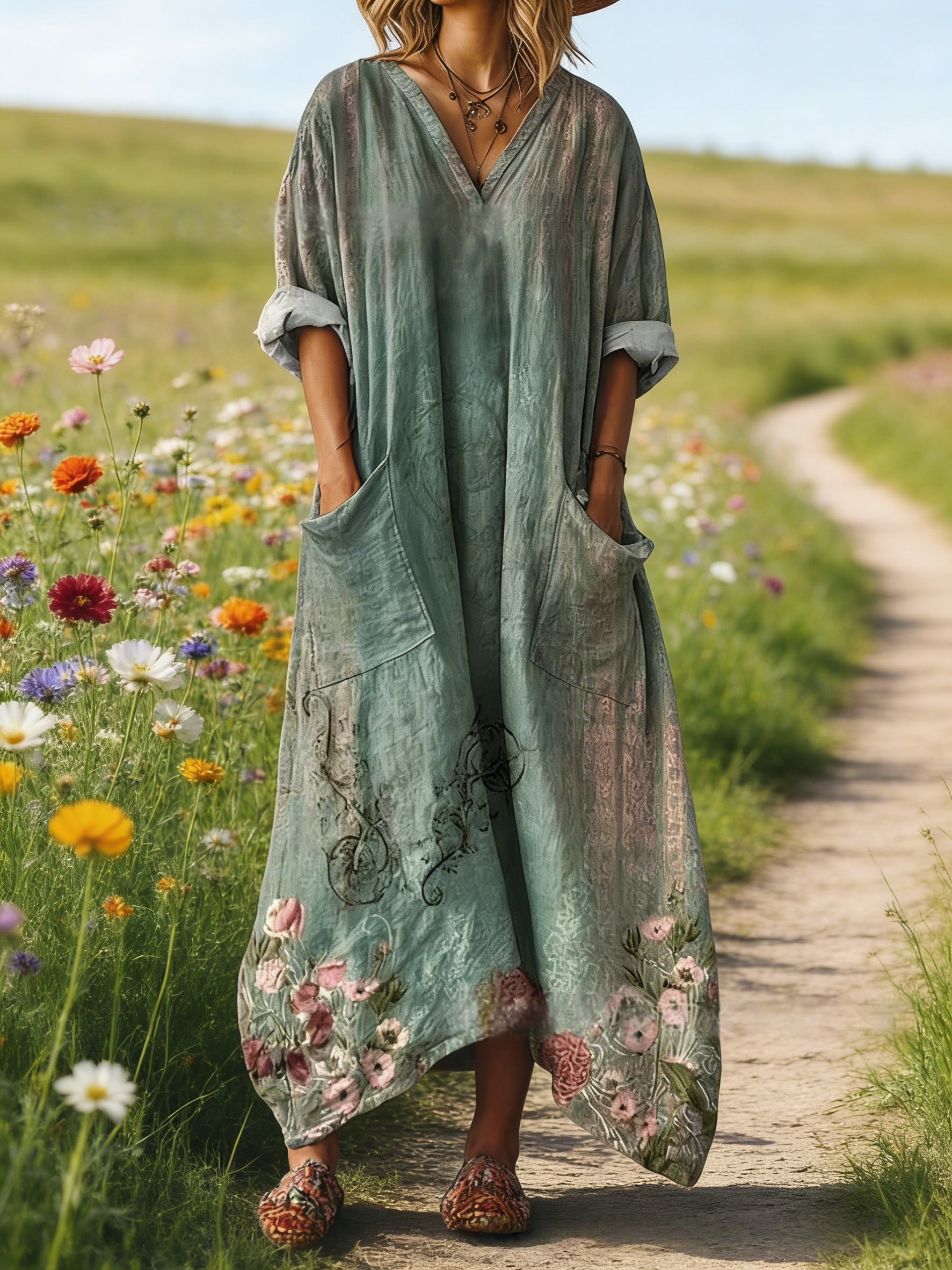 Damen Boho-Maxikleid im Vintage-Stil Salbeigrün: Romantischer Rosen-Print, V-Ausschnitt & Praktische Taschen, Bequeme Passform, Ganzjährig S-5XL