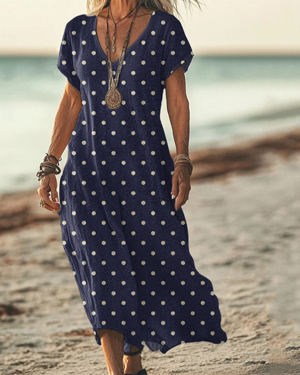 Boho Maxikleid Damen Dunkelblau: Weiße Punkte, V-Ausschnitt, S-3XL, Ganzjährig