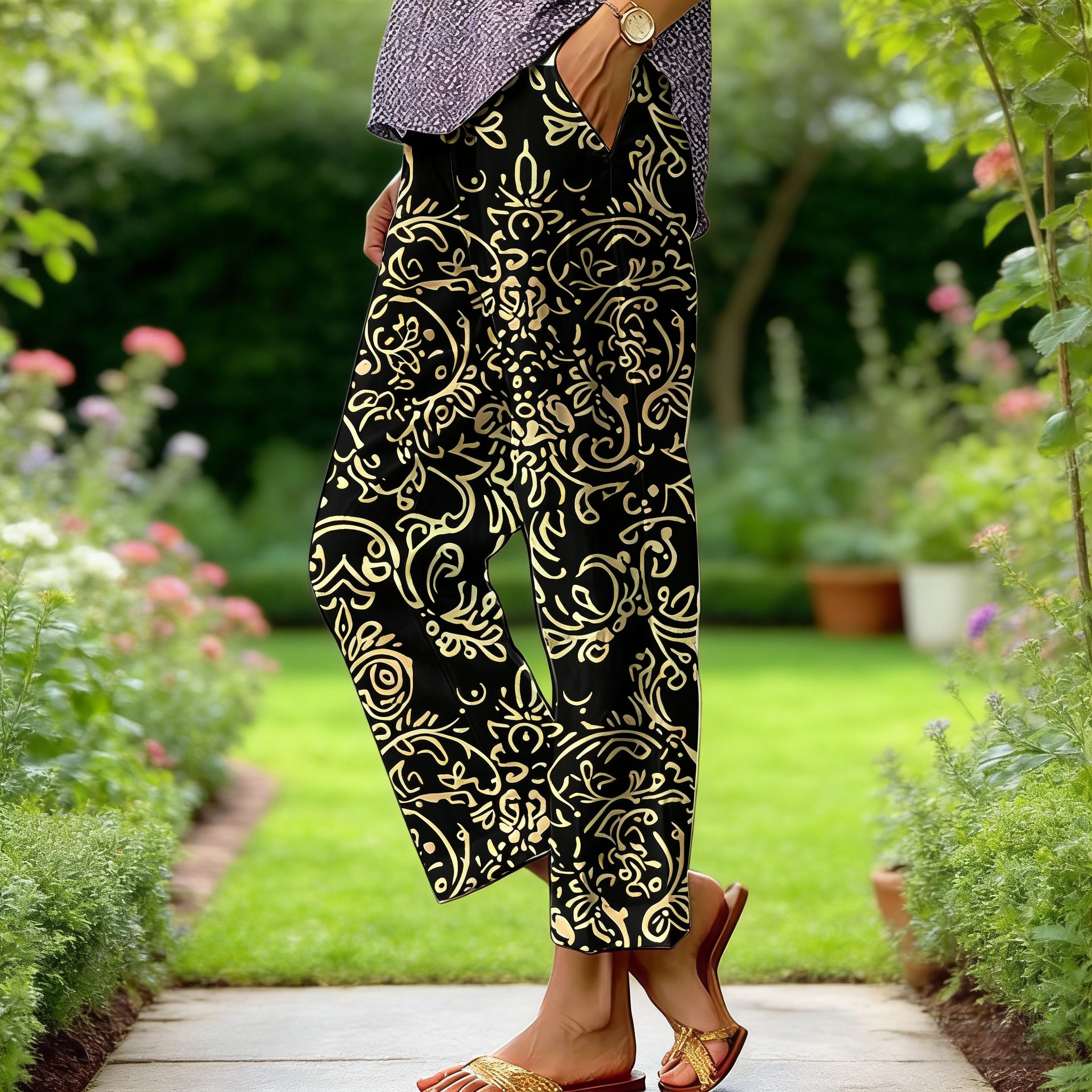 Boho Damen Weite Hose Schwarz-Gold: Luftige Culotte mit Vintage-Ornamenten, Bequeme Freizeithose mit Taschen für Urlaub & Alltag S-3XL