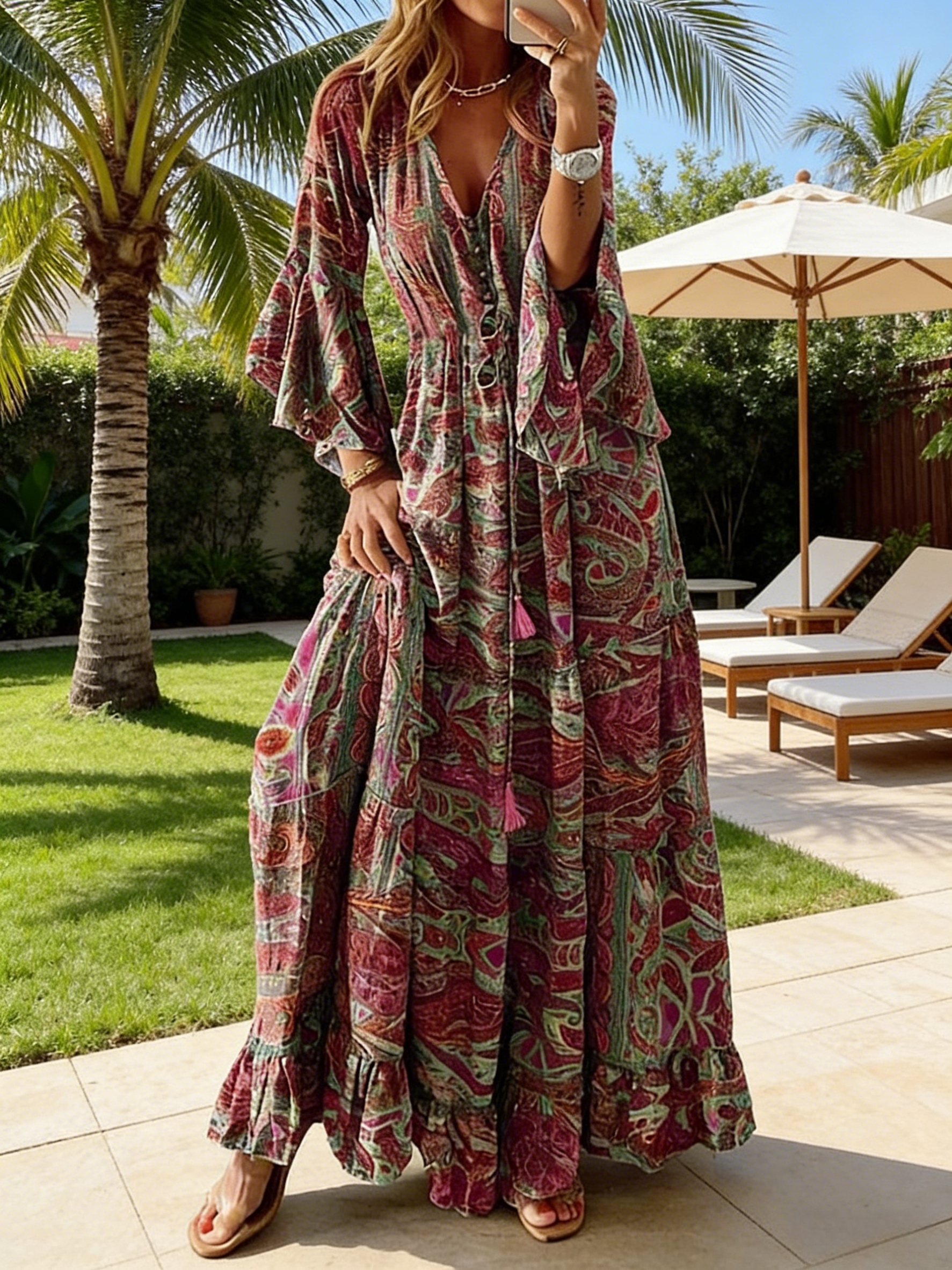 Damen Boho Maxikleid Bunt: Elegantes Paisley Sommerkleid mit Glockenärmeln & V-Ausschnitt, Hippie Style Strandkleid, Luftiges Urlaubskleid mit Ethno-Print S-5XL
