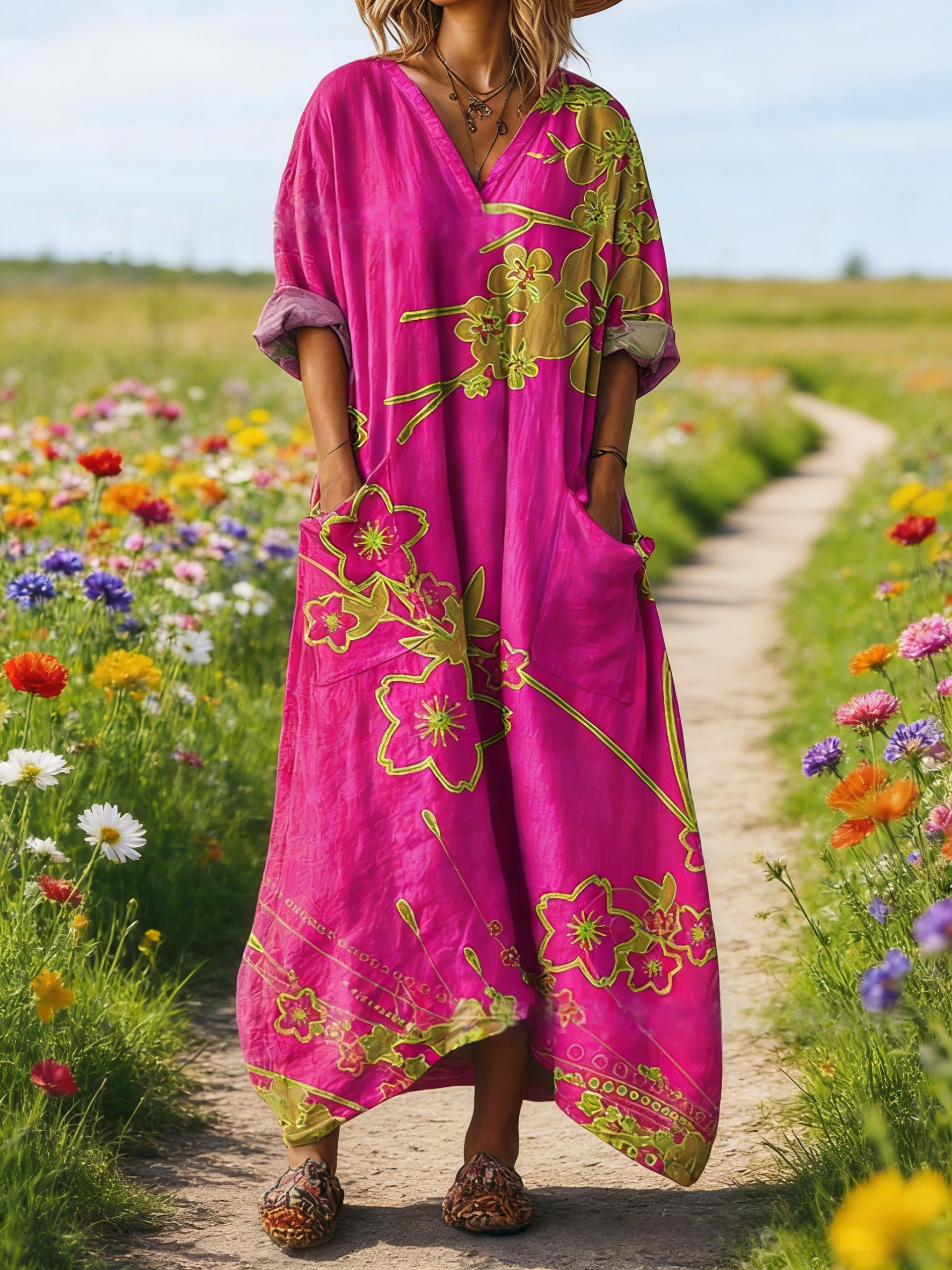 Damen Boho-Maxikleid im Vintage-Stil Pink: Retro-Blumenprint & Grafik-Art, V-Ausschnitt & Praktische Taschen, Bequeme Passform, Ganzjährig S-5XL