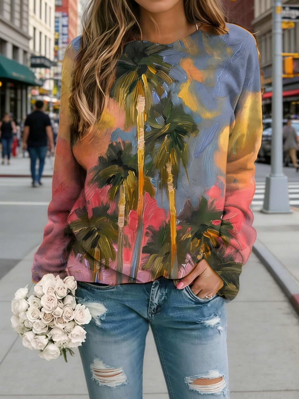 Damen Oversize Sweatshirt Mehrfarbig: Künstlerischer Ölmalerei-Print mit Palmen & Sonnenuntergang, Rundhals-Ausschnitt, Reine Baumwolle, Ganzjährig S-5XL