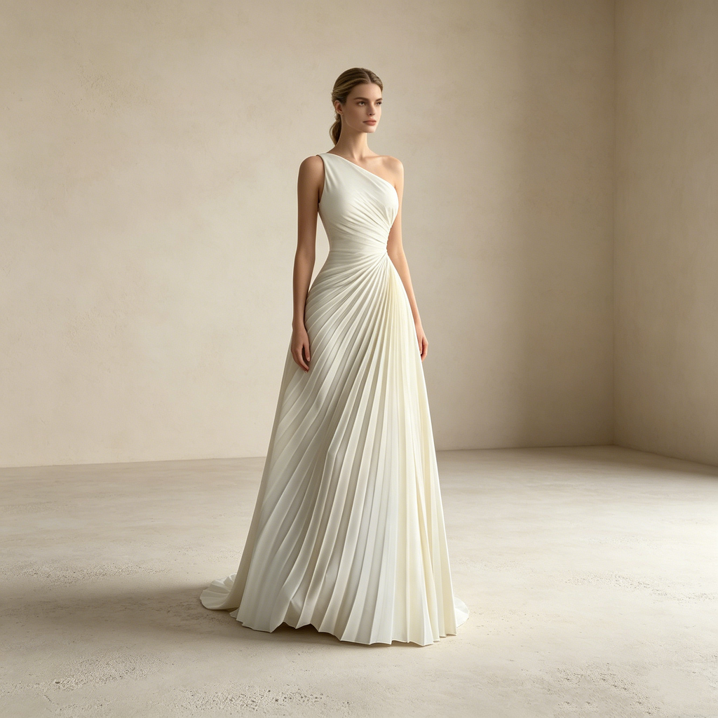 Elegantes One-Shoulder Abendkleid in Weiß | Asymmetrisches Maxikleid mit Raffinesse Plissee-Drapierung und Fließendem Faltenrock