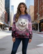 3D-Druck Damen Sweatshirt Kontrastfarben: Süße Katze Design mit Reißverschluss, Schwarz-Blau, Leichtes Langarmshirt S-5XL