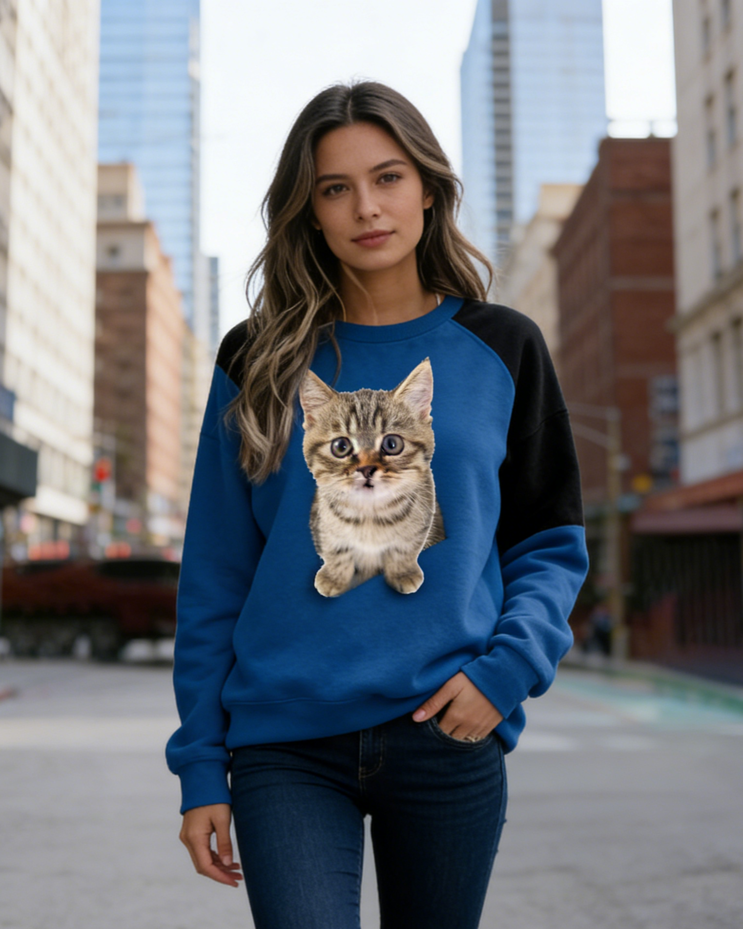 3D-Druck Damen Sweatshirt Kontrastfarben: Süße Katze Design mit Reißverschluss, Schwarz-Blau, Leichtes Langarmshirt S-5XL