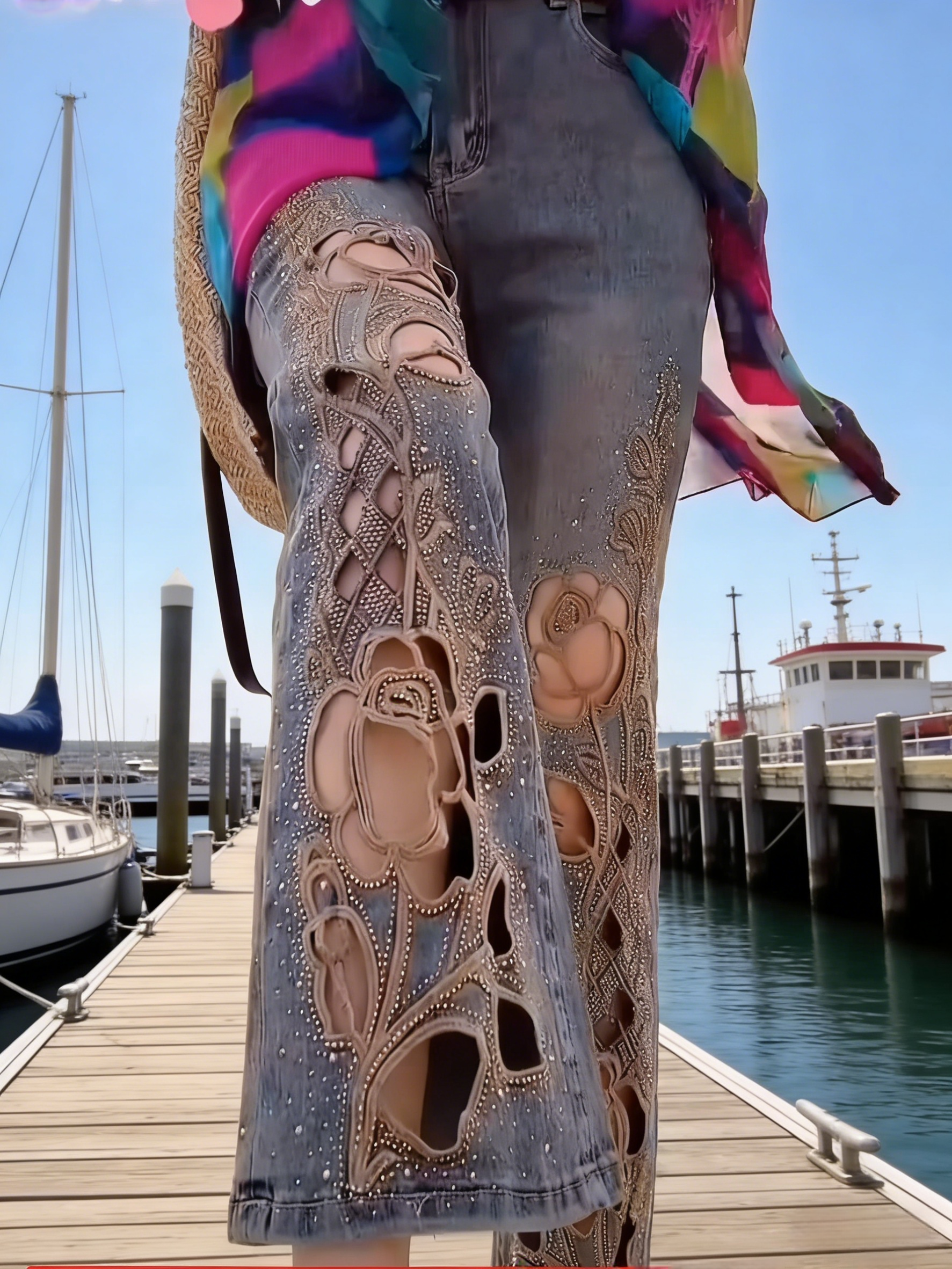 Damen Schlaghose Mittelblau: Exklusive Jeans mit Lochstickerei & Strasssteinen, High Waist Flare Jeans mit Cut-Outs, Elegante Patchwork-Hose, Ganzjährig