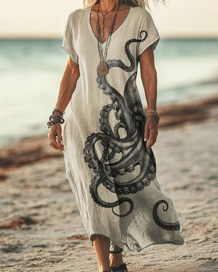 Boho Maxikleid Damen Beige: Oktopus Print, V-Ausschnitt, S-3XL, Ganzjährig
