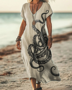 Boho Maxikleid Damen Beige: Oktopus Print, V-Ausschnitt, S-3XL, Ganzjährig