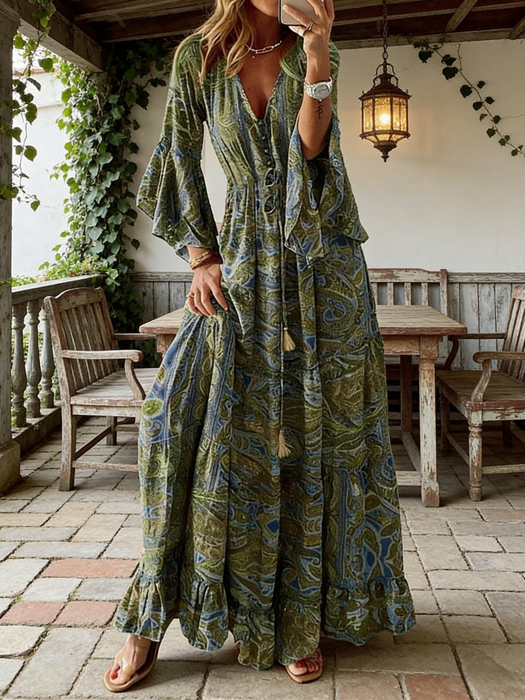 Damen Boho Maxikleid Grün: Elegantes Paisley Sommerkleid mit Glockenärmeln & V-Ausschnitt, Hippie Style Strandkleid, Luftiges Urlaubskleid mit Ethno-Print S-5XL