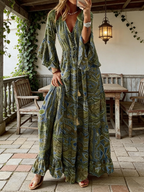 Damen Boho Maxikleid Grün: Elegantes Paisley Sommerkleid mit Glockenärmeln & V-Ausschnitt, Hippie Style Strandkleid, Luftiges Urlaubskleid mit Ethno-Print S-5XL