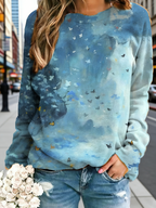 Damen Oversize Sweatshirt Hellblau: Künstlerischer Schmetterlings-Print im Ölmalerei-Stil, Rundhals-Ausschnitt, Reine Baumwolle, Ganzjährig S-5XL