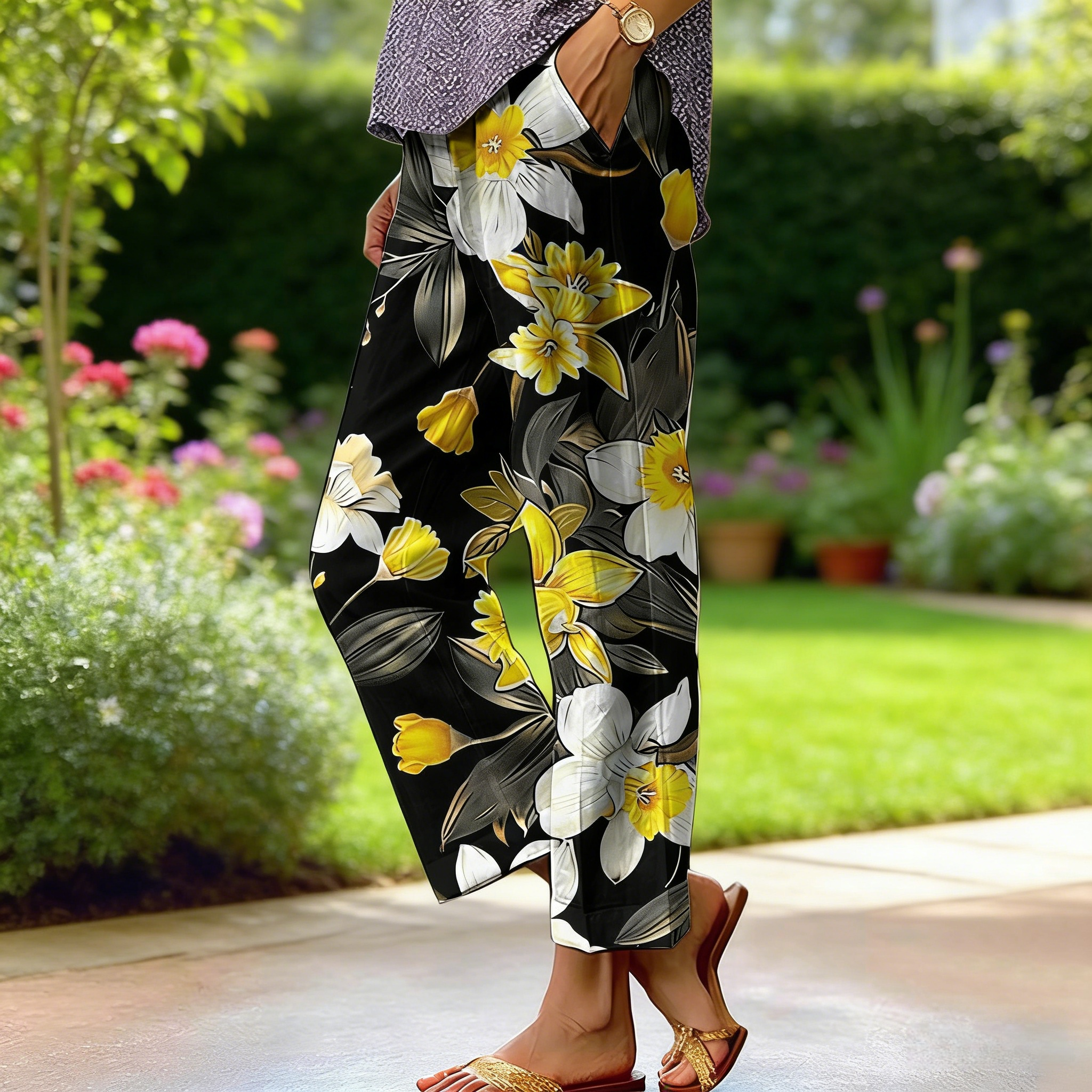 Boho Damen Weite Hose Bunt: Luftige Culotte mit Ethno-Blumenprint, Bequeme Freizeithose mit Taschen für Frühling & Sommer, Vintage Forest Style S-3XL