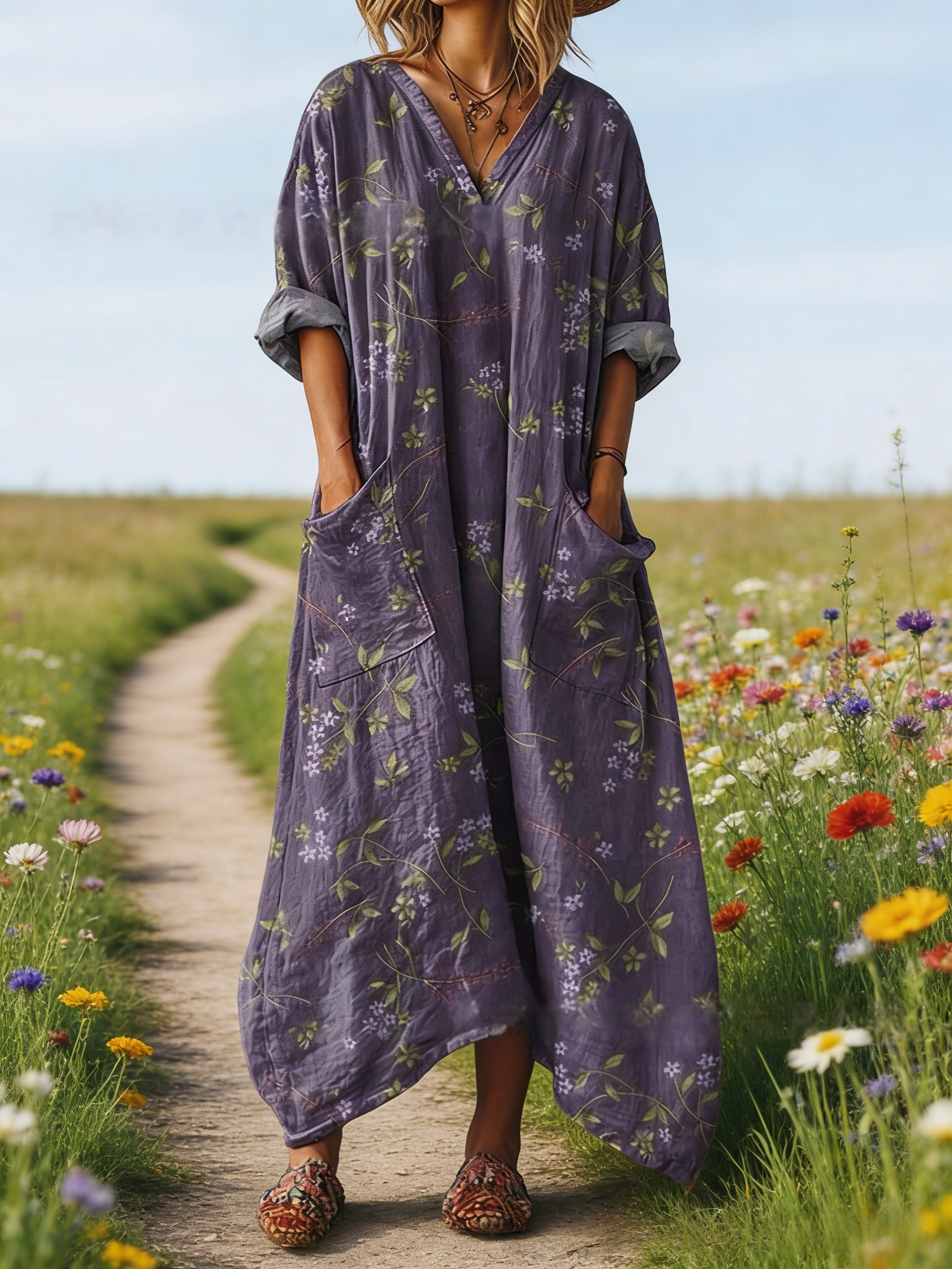 Damen Boho-Maxikleid im Vintage-Stil Lila: Filigraner Blumen-Print, V-Ausschnitt & Praktische Taschen, Bequeme Passform, Ganzjährig S-5XL