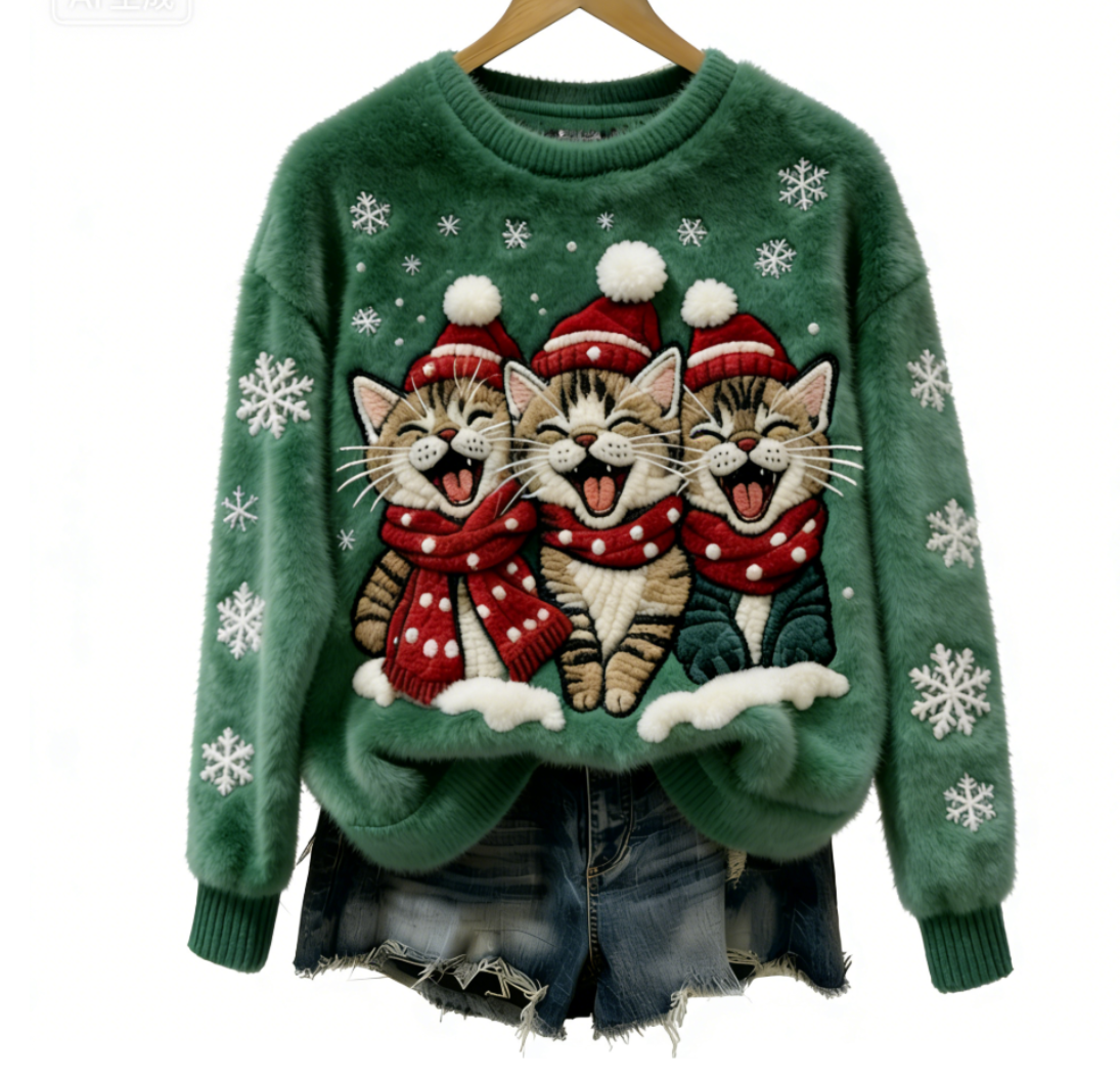 Christmas Cats Damen Gemütlicher Weihnachts-Katzen Flauschpullover
