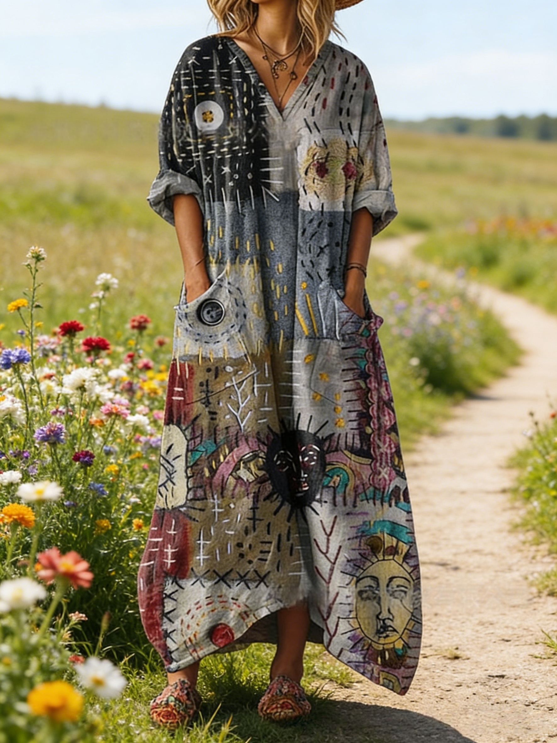 Damen Boho-Maxikleid im Vintage-Stil Bunt: Abstraktes Sonnen-Grafikdesign, V-Ausschnitt & Praktische Taschen, Bequeme Passform, Ganzjährig S-5XL