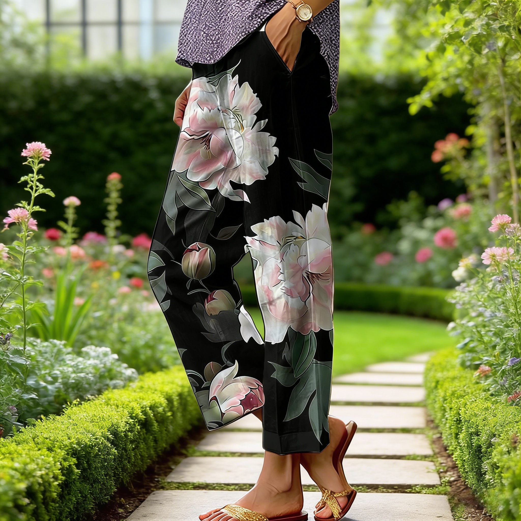 Boho Damen Weite Hose Bunt: Luftige Culotte mit Ethno-Blumenprint, Bequeme Freizeithose mit Taschen für Frühling & Sommer, Vintage Forest Style S-3XL