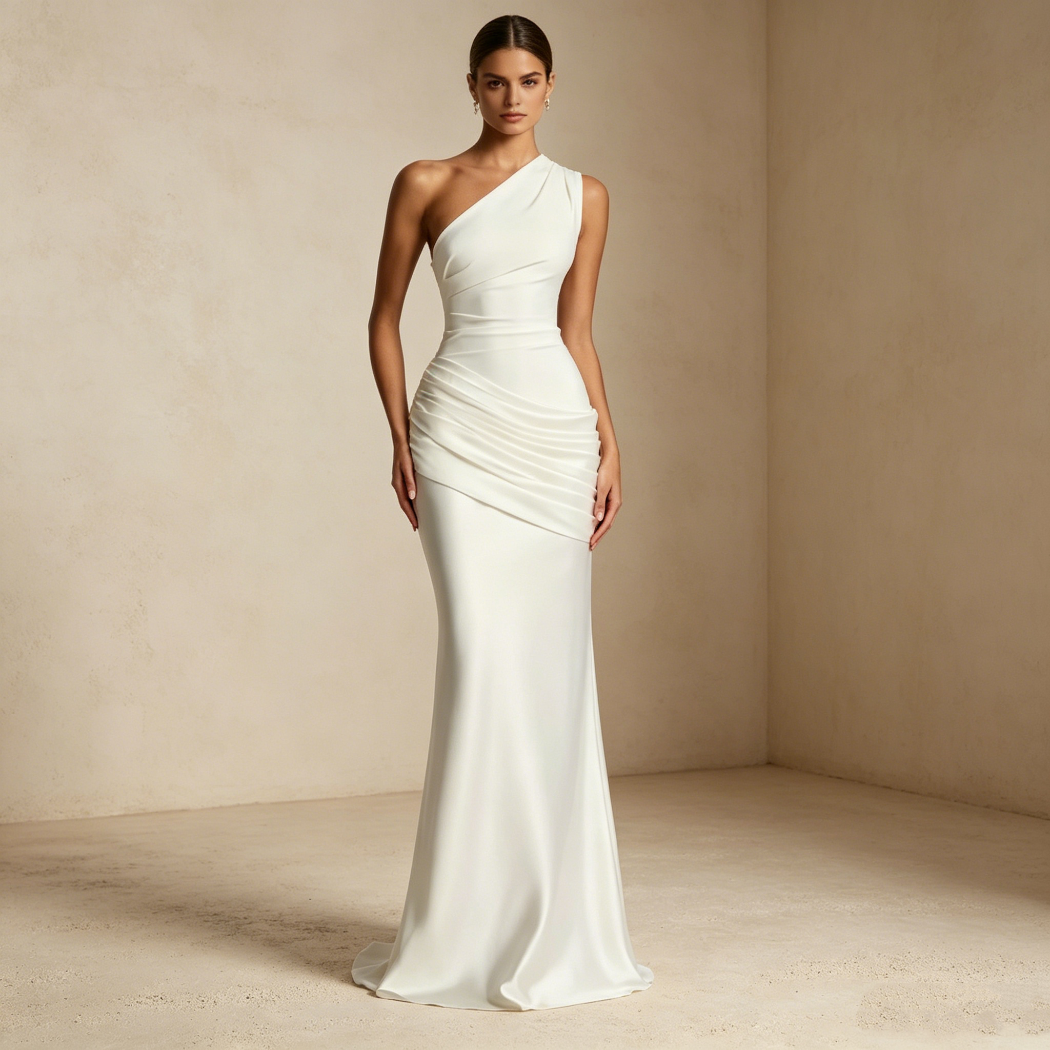 Elegantes One-Shoulder Abendkleid Weiß aus Satin | Figurbetontes Maxikleid mit Asymmetrischer Raffung und Fließender Silhouette