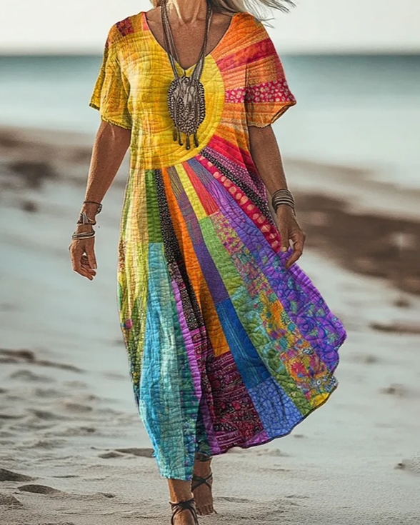 Boho Maxikleid Damen Bunt: Sonnenschein-Print, V-Ausschnitt, S-3XL, Ganzjährig