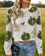 Damen Strickpullover Beige: Olivgrünes Blumenmuster mit Ajour-Strick, Elegantes Lochmuster Oberteil für Frühling, Herbst & Winter S-4XL