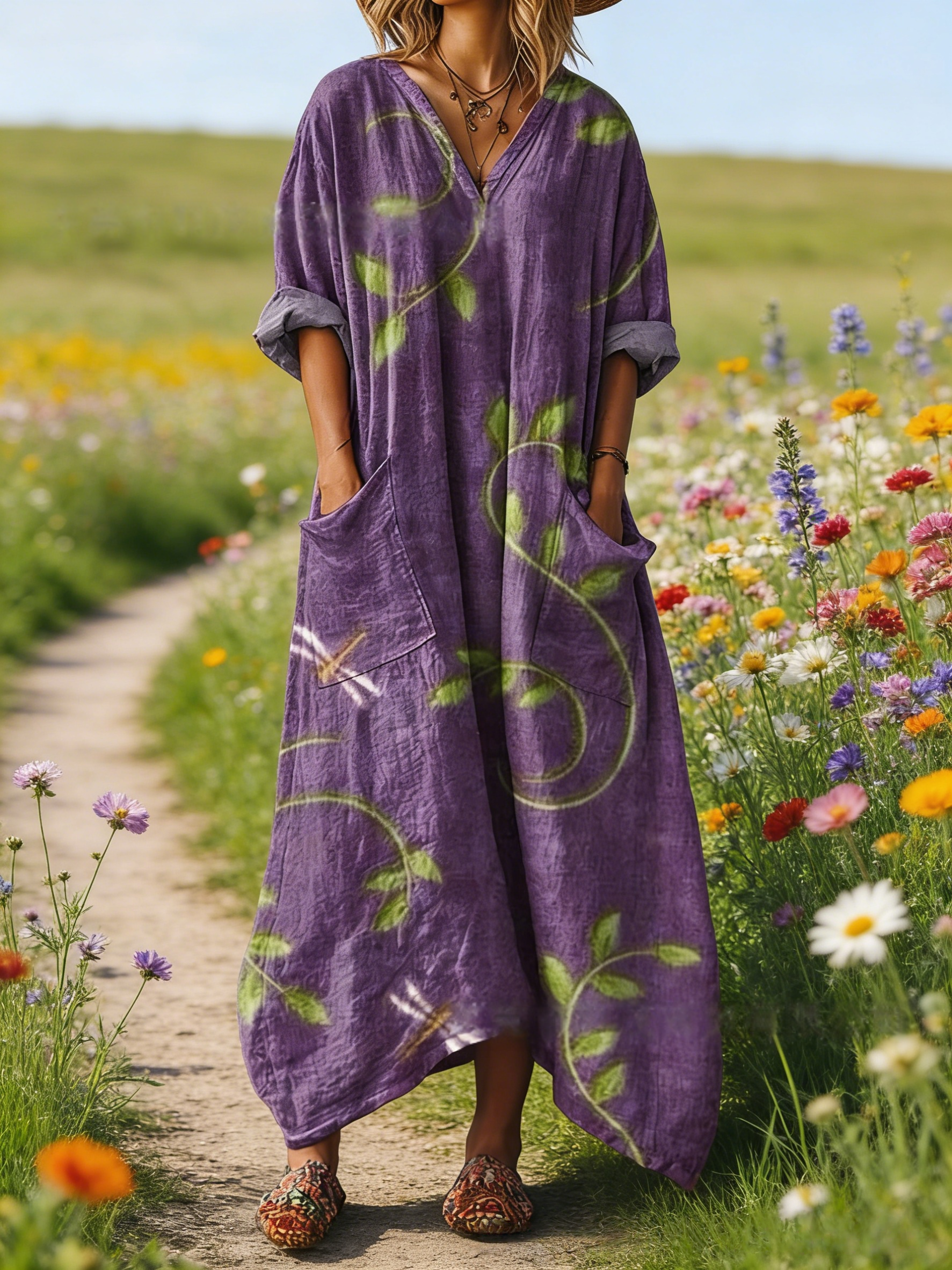 Damen Boho-Maxikleid im Vintage-Stil Violett: Floral-Art mit Libellen-Print, V-Ausschnitt & Praktische Taschen, Bequeme Passform, Ganzjährig S-5XL