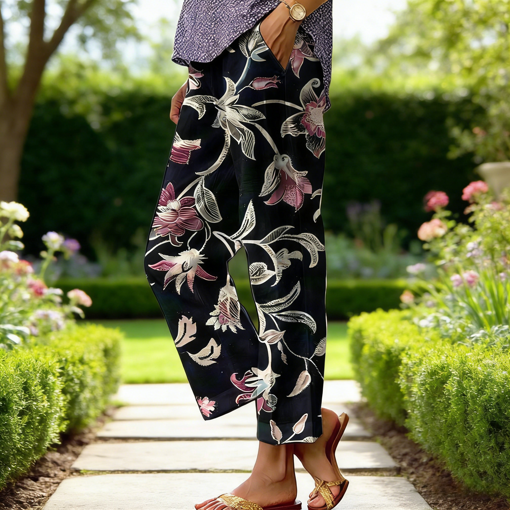 Boho Damen Weite Hose Anthrazit: Luftige Culotte mit Vintage Pfingstrosen-Print, Bequeme Freizeithose mit Taschen für Frühling & Sommer, Forest Style S-3XL