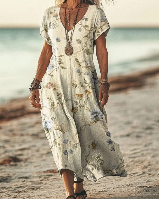 Boho Maxikleid Damen Beige: Hellblau Floral, V-Ausschnitt, S-3XL, Ganzjährig