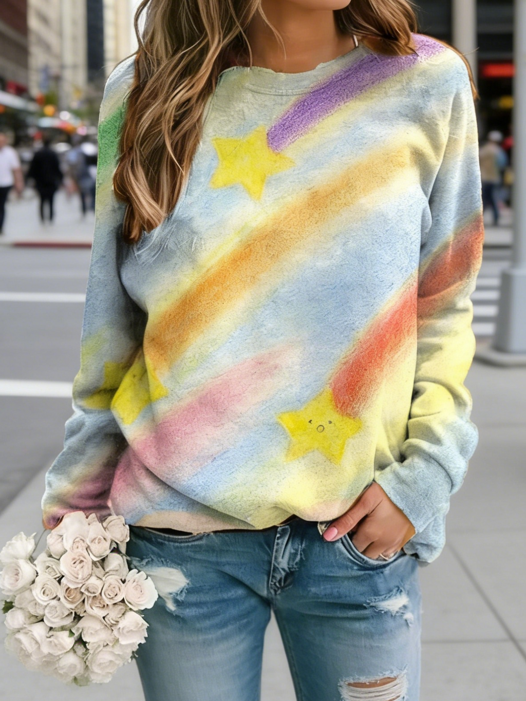 Damen Oversize Sweatshirt Mehrfarbig: Künstlerischer Sternschnuppen-Print im Pastell-Stil, Rundhals-Ausschnitt, Reine Baumwolle, Ganzjährig S-5XL