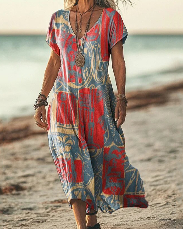 Boho Maxikleid Damen Rostrot: Ethno Print Blau, V-Ausschnitt, S-3XL, Ganzjährig