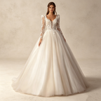 Elegantes Ballkleid in Weiß mit Schleppe | Prinzessinnen Abendkleid mit Langen Spitzenärmeln, Schulterpolstern und Herz-Ausschnitt