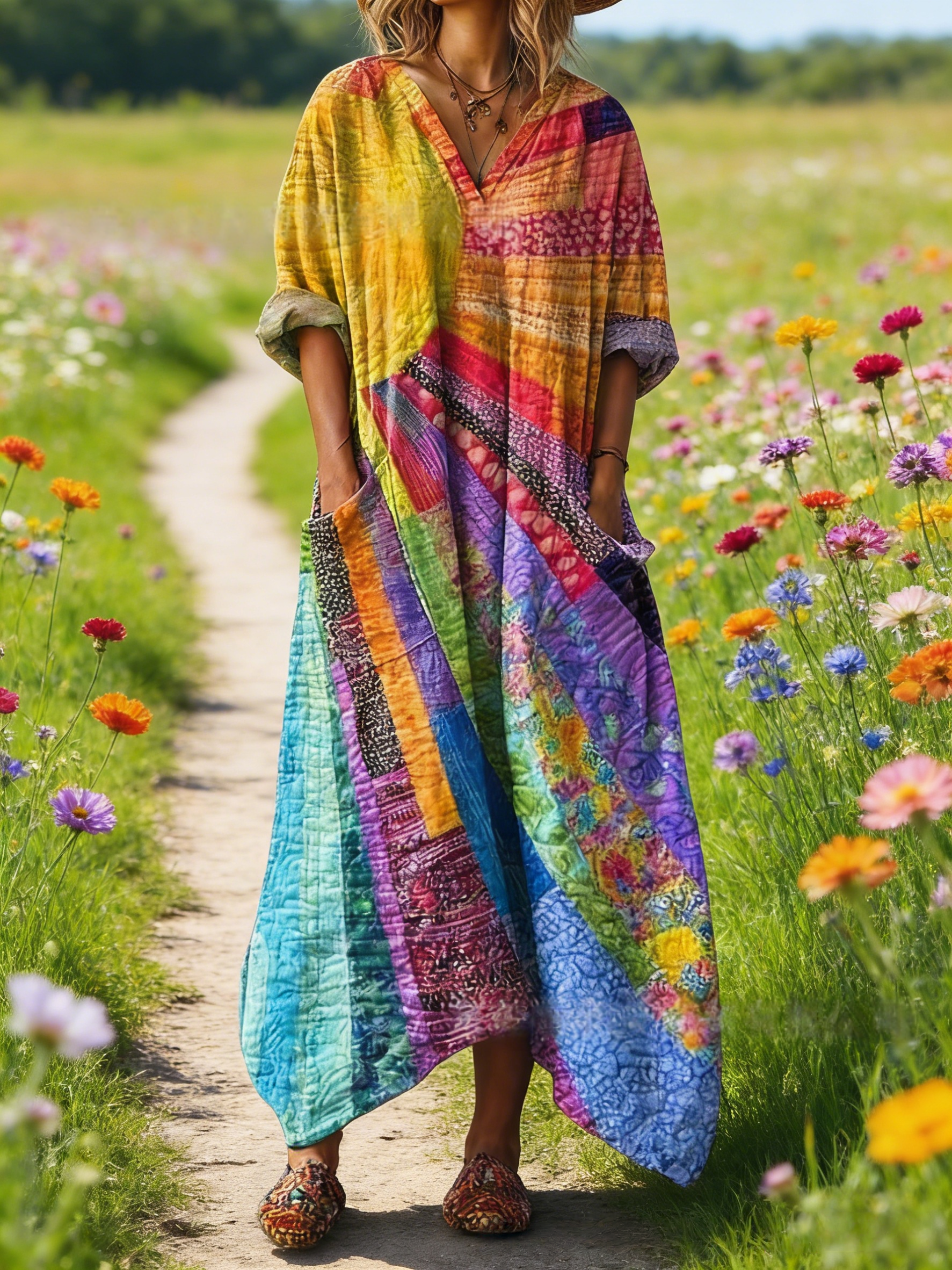 Damen Boho-Maxikleid im Vintage-Stil Bunt: Retro-Patchwork & Grafik-Art, V-Ausschnitt & Praktische Taschen, Bequeme Passform, Ganzjährig S-5XL