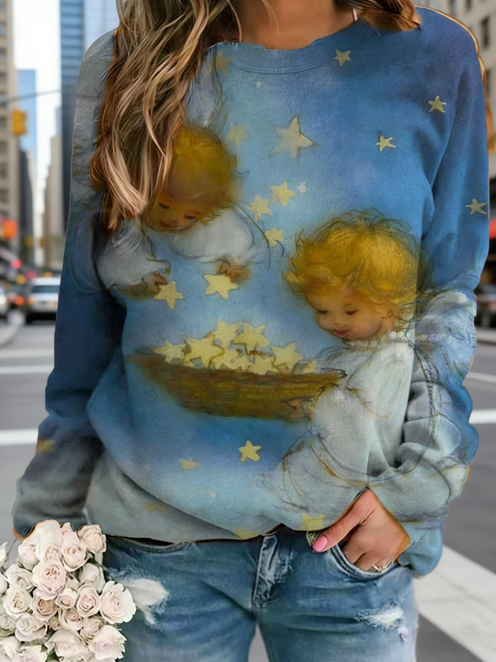 Damen Oversize Sweatshirt Dunkelblau: Künstlerischer Engel- & Sterne-Print, Rundhals-Ausschnitt, Reine Baumwolle, Ganzjährig S-5XL