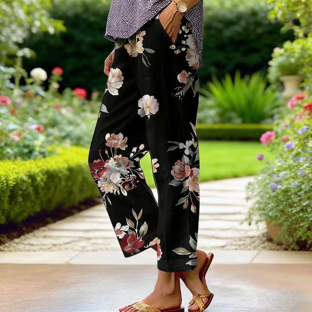 Boho Damen Weite Hose Beige-Bunt: Luftige Culotte mit Vintage Blumen & Schmetterling Print, Bequeme Freizeithose mit Taschen für Frühling & Sommer S-3XL