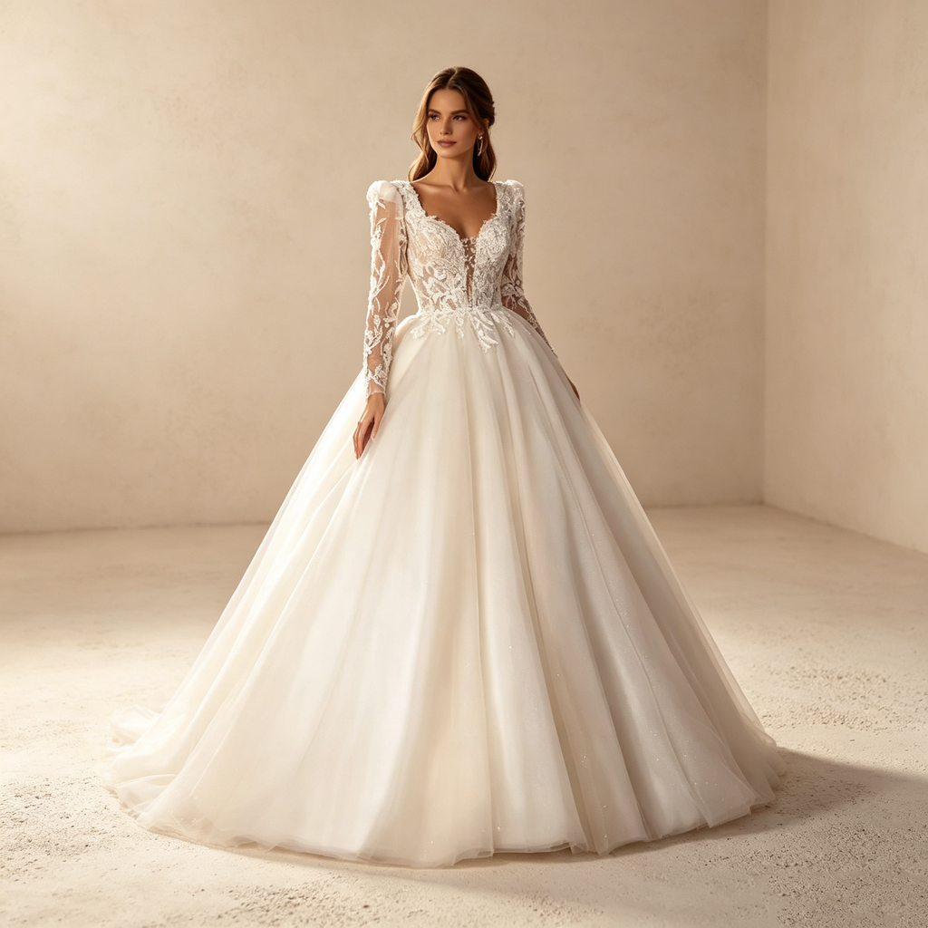 Elegantes Ballkleid in Weiß mit Schleppe | Prinzessinnen Abendkleid mit Langen Spitzenärmeln, Schulterpolstern und Herz-Ausschnitt